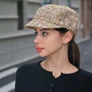 Tan Tweed Newsboy Cap Hat for Women Metallic Details NWT